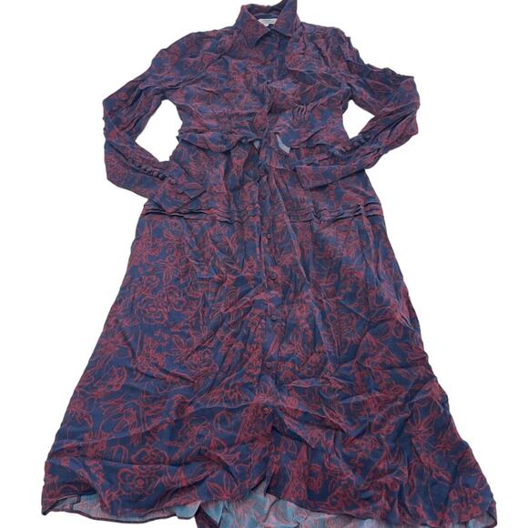 Jason Wu Dress Womens 6 Blue Red Floral Chiffon Shirt Collared Midi Tie Neck - Picture 3 of 12